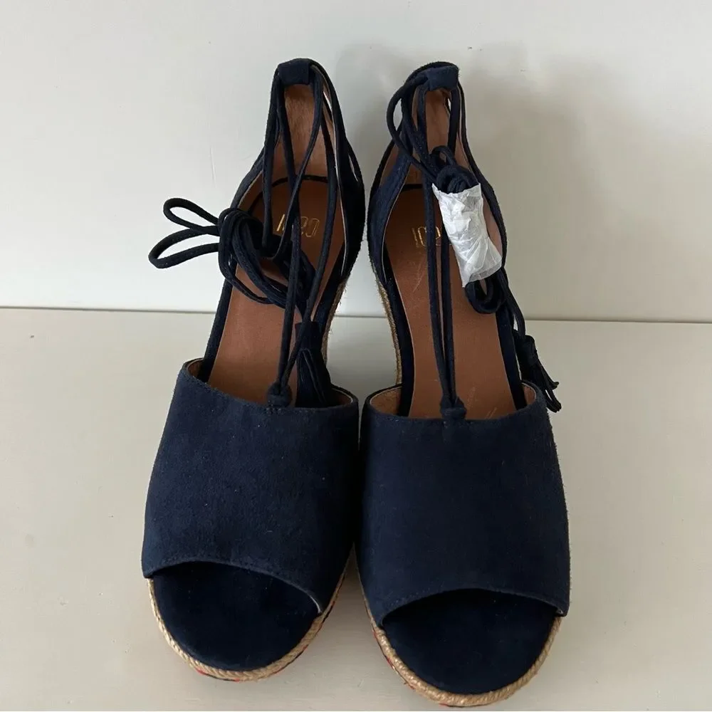 Cabi Isla NWOT wedge blue suede ankle tie up strap espadrilles sandals size 6